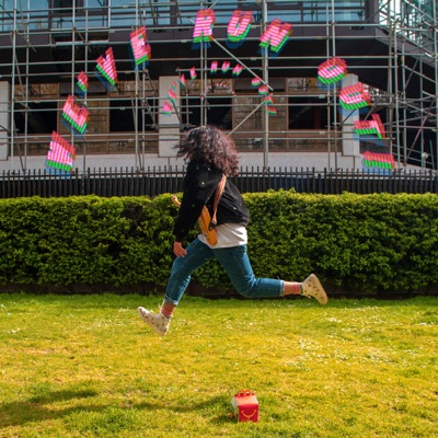 Cover artwork showing a person jumping on grass in front of bright suspended flags